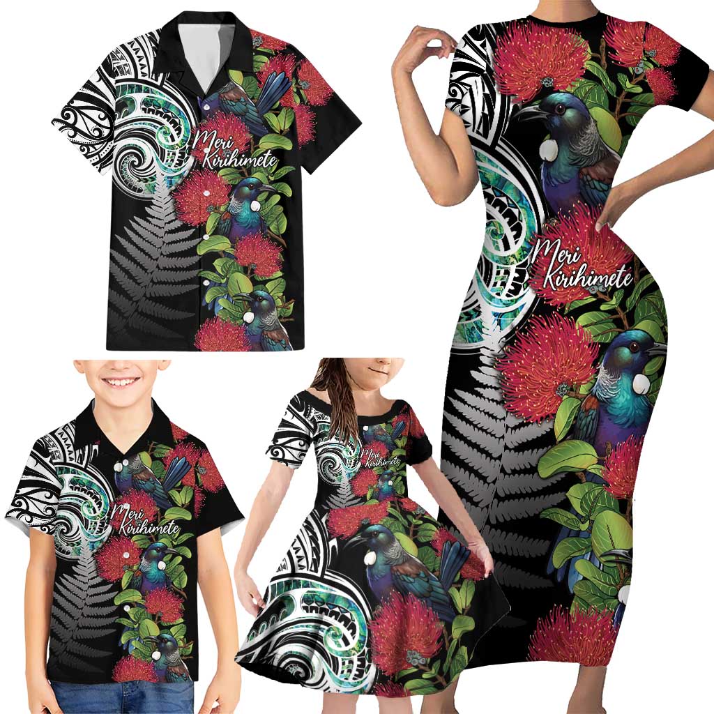 Meri Kirihimete New Zealand Family Matching Short Sleeve Bodycon Dress and Hawaiian Shirt Tui on Pohutukawa