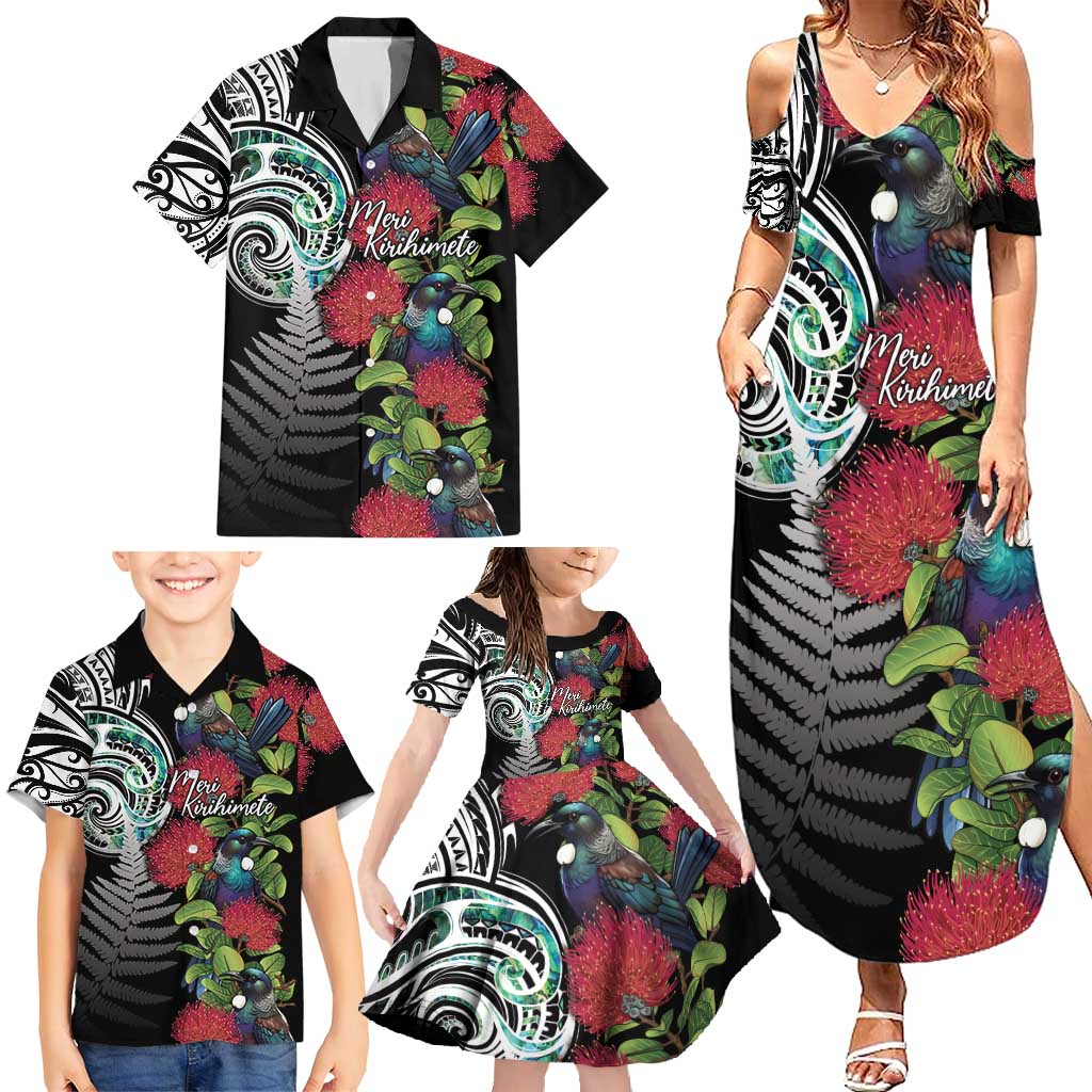 Meri Kirihimete New Zealand Family Matching Summer Maxi Dress and Hawaiian Shirt Tui on Pohutukawa