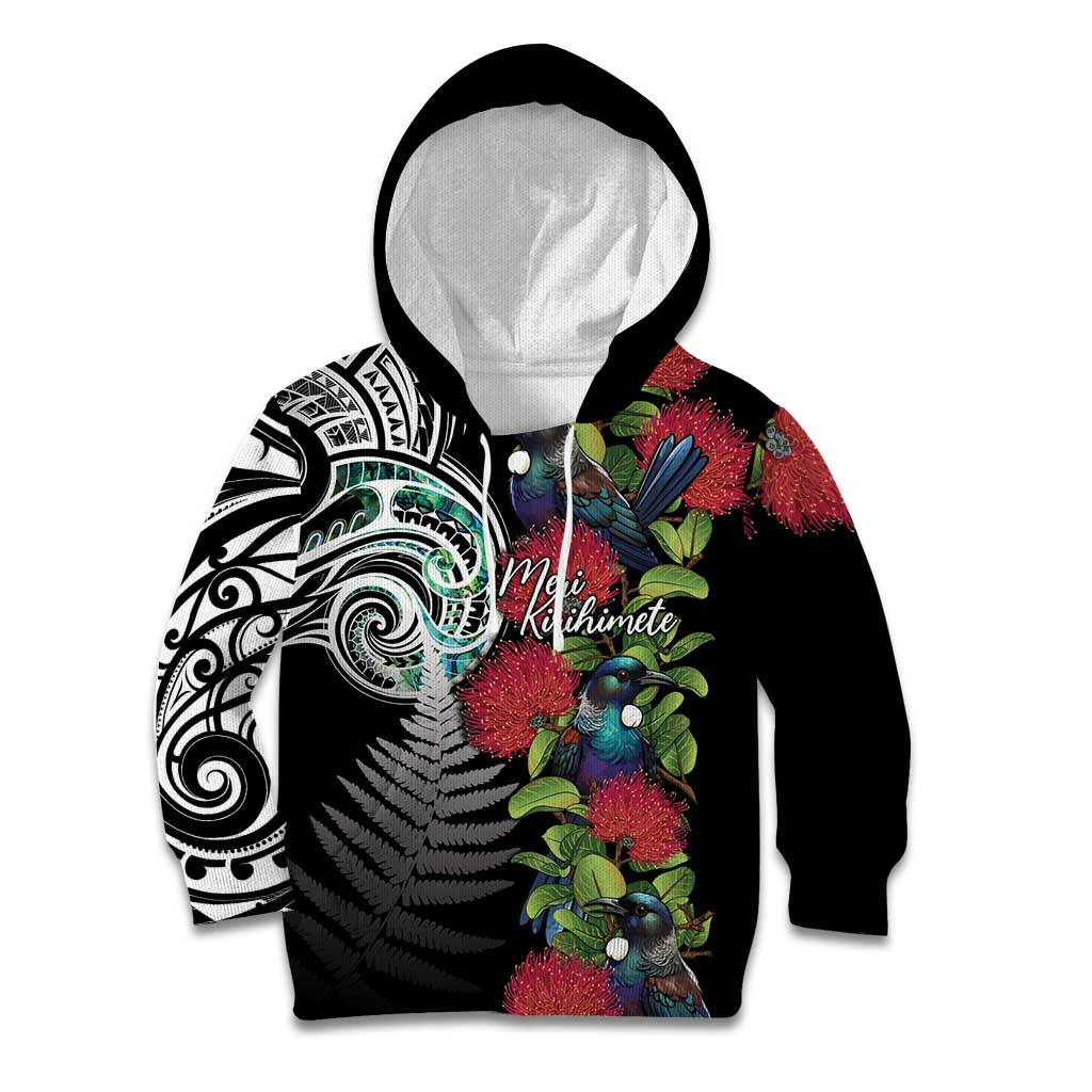 Meri Kirihimete New Zealand Kid Hoodie Tui on Pohutukawa