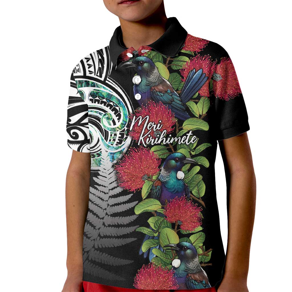 Meri Kirihimete New Zealand Kid Polo Shirt Tui on Pohutukawa