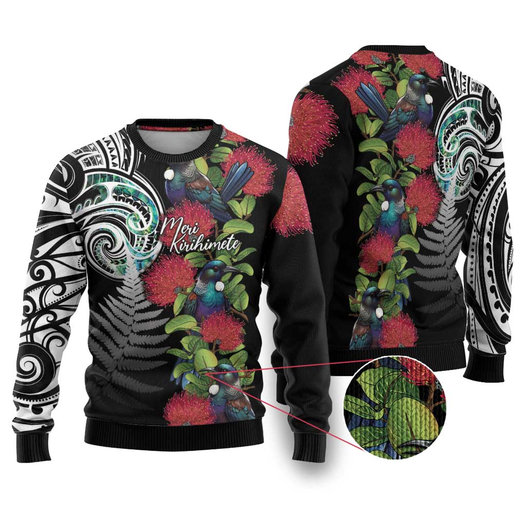 Meri Kirihimete New Zealand Ugly Christmas Sweater Tui on Pohutukawa LT7 Black - Polynesian Pride