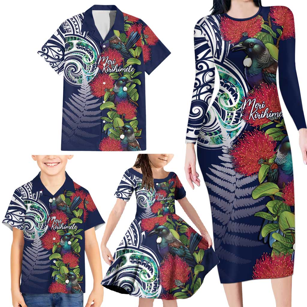 Meri Kirihimete New Zealand Family Matching Long Sleeve Bodycon Dress and Hawaiian Shirt Tui on Pohutukawa - Blue Ver