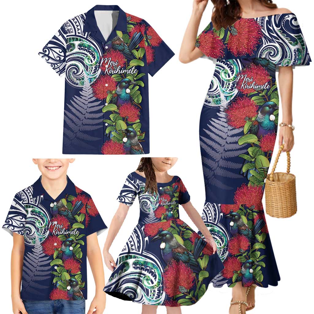 Meri Kirihimete New Zealand Family Matching Mermaid Dress and Hawaiian Shirt Tui on Pohutukawa - Blue Ver