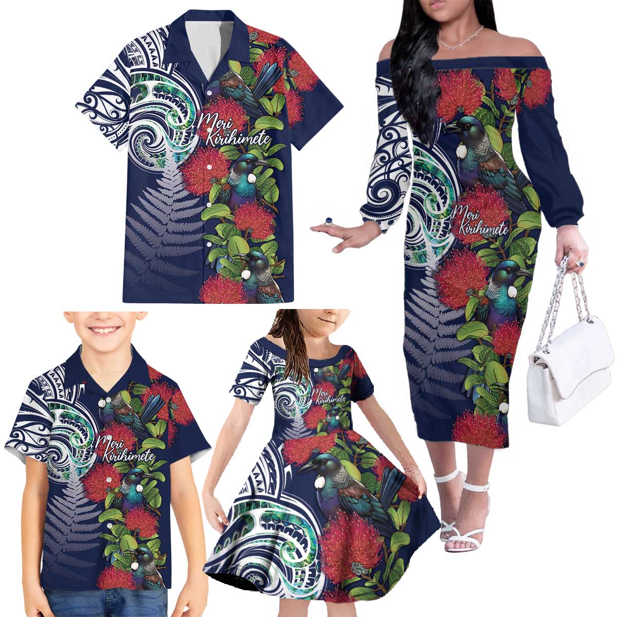 Meri Kirihimete New Zealand Family Matching Off The Shoulder Long Sleeve Dress and Hawaiian Shirt Tui on Pohutukawa - Blue Ver