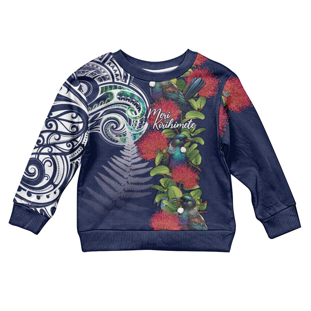 Meri Kirihimete New Zealand Kid Ugly Christmas Sweater Tui on Pohutukawa - Blue Ver