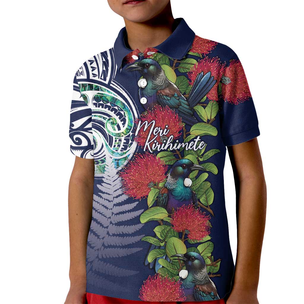 Meri Kirihimete New Zealand Kid Polo Shirt Tui on Pohutukawa - Blue Ver