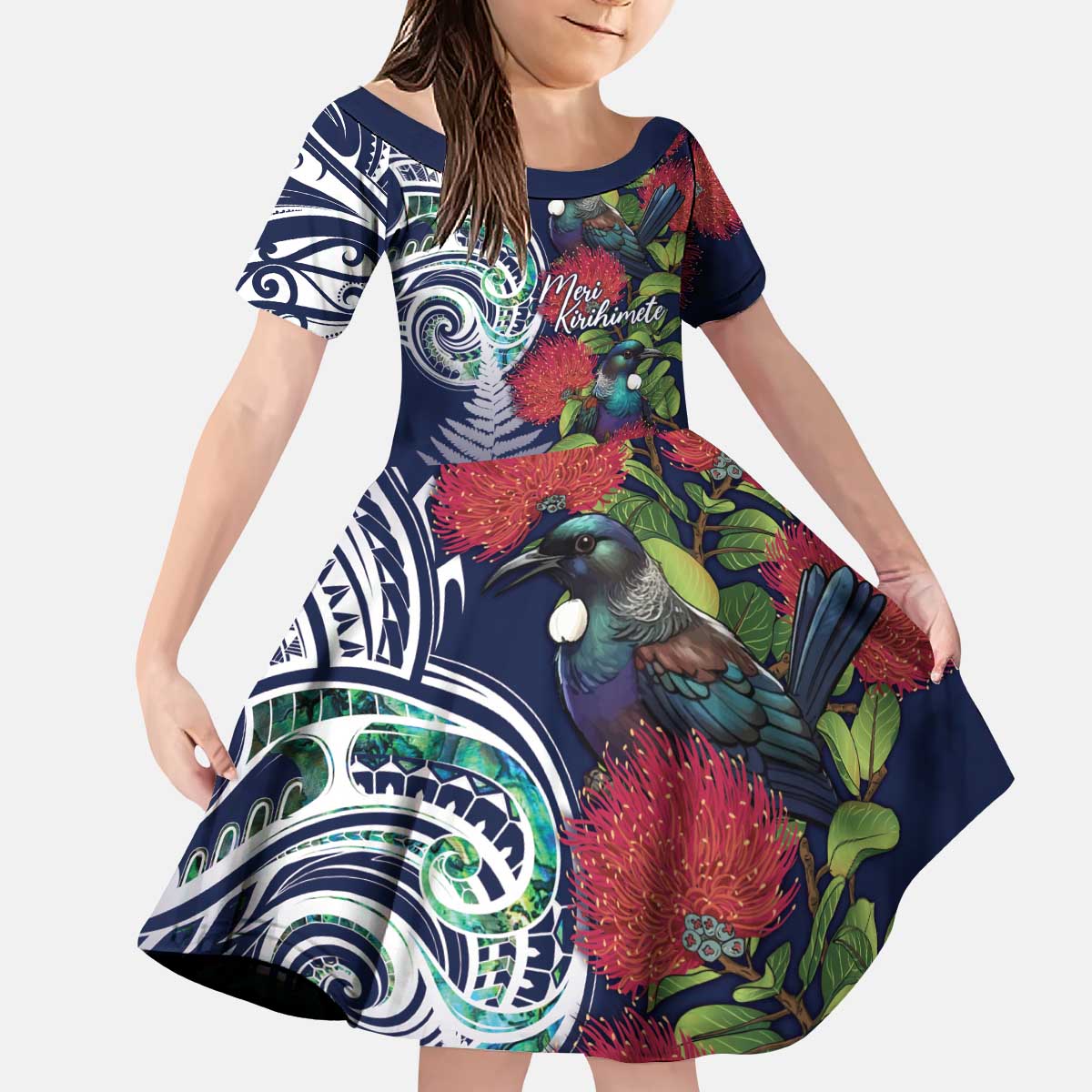 Meri Kirihimete New Zealand Kid Short Sleeve Dress Tui on Pohutukawa - Blue Ver