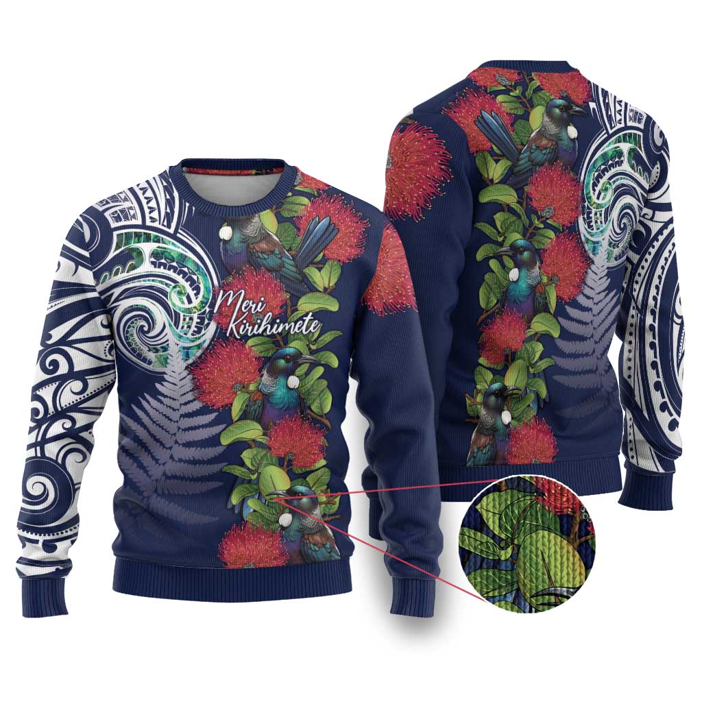 Meri Kirihimete New Zealand Ugly Christmas Sweater Tui on Pohutukawa - Blue Ver LT7 Blue - Polynesian Pride