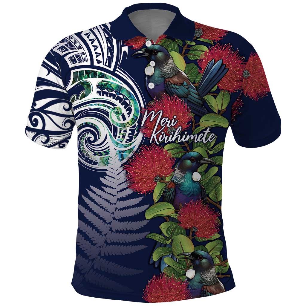 Meri Kirihimete New Zealand Polo Shirt Tui on Pohutukawa - Blue Ver