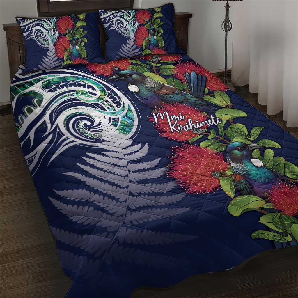 Meri Kirihimete New Zealand Quilt Bed Set Tui on Pohutukawa - Blue Ver