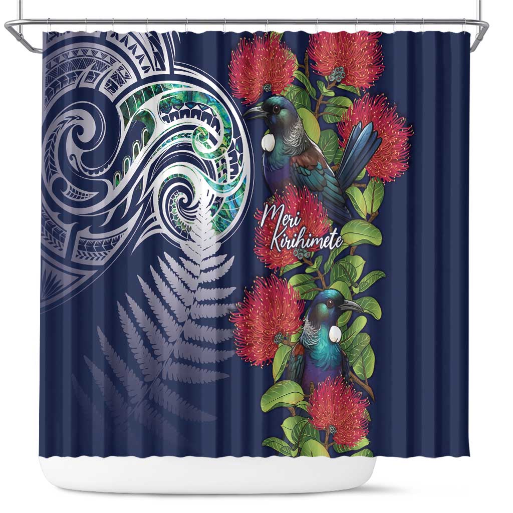 Meri Kirihimete New Zealand Shower Curtain Tui on Pohutukawa - Blue Ver LT7 Blue - Polynesian Pride