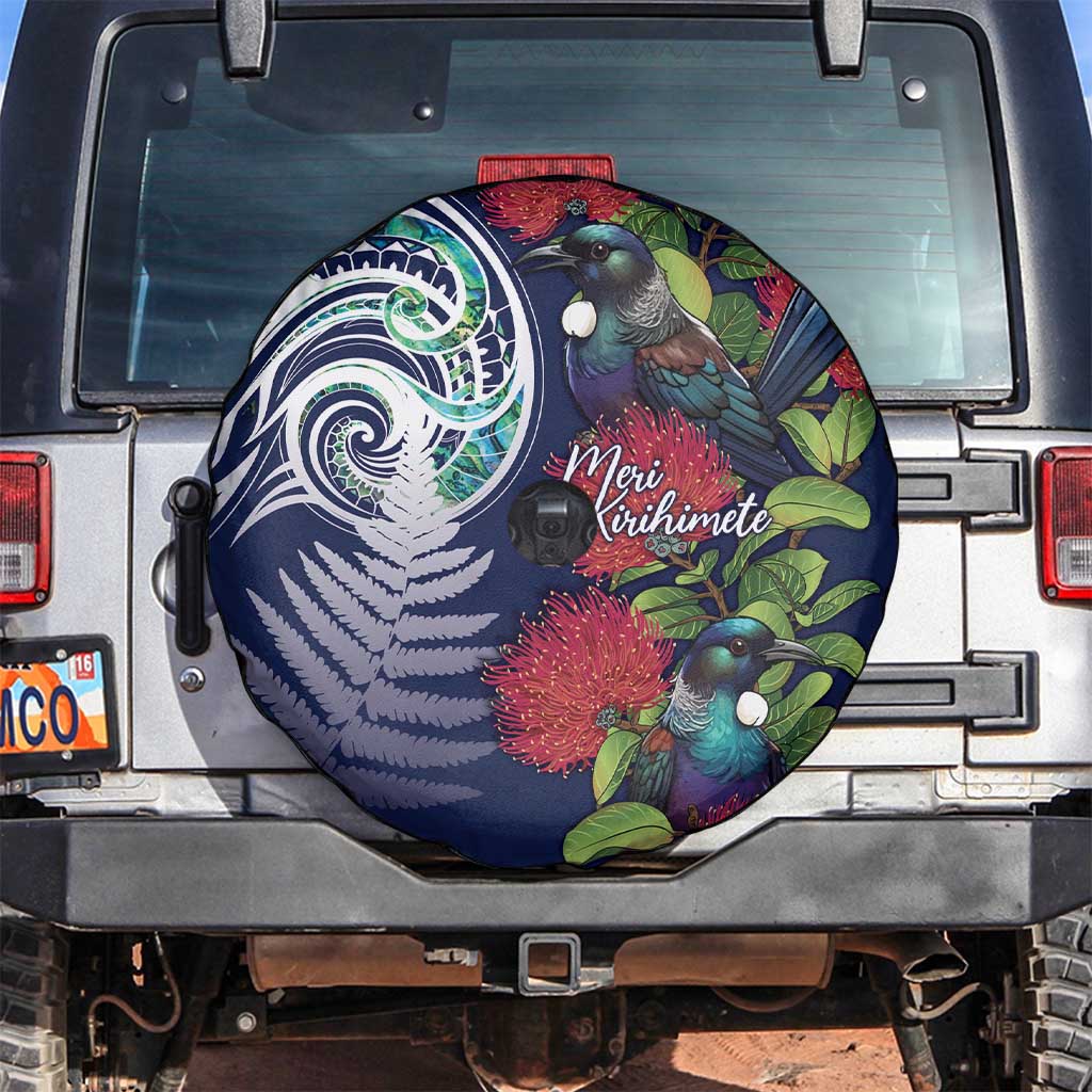 Meri Kirihimete New Zealand Spare Tire Cover Tui on Pohutukawa - Blue Ver