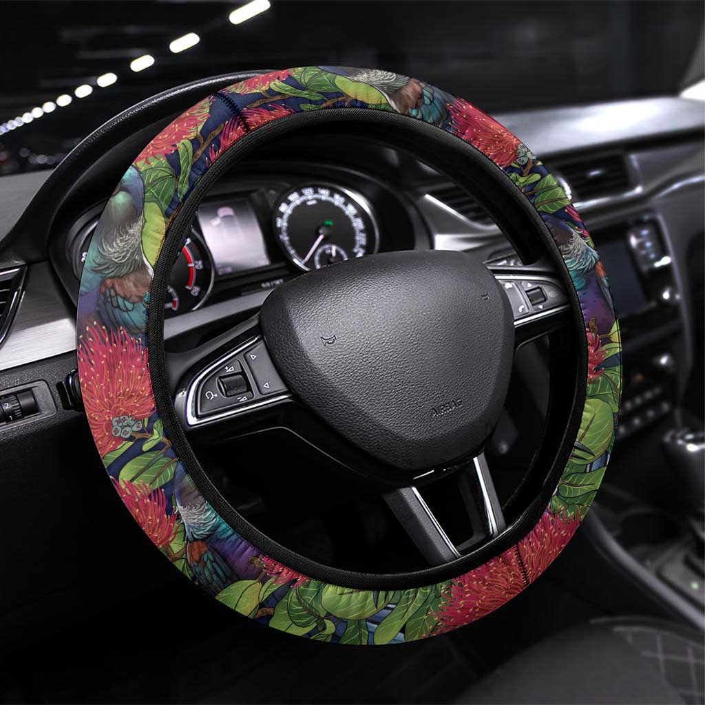 Meri Kirihimete New Zealand Steering Wheel Cover Tui on Pohutukawa - Blue Ver