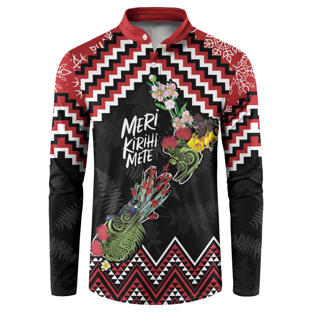 New Zealand Christmas Taniko Poutama Button Sweatshirt Flora Map with Birds LT7 Red - Polynesian Pride