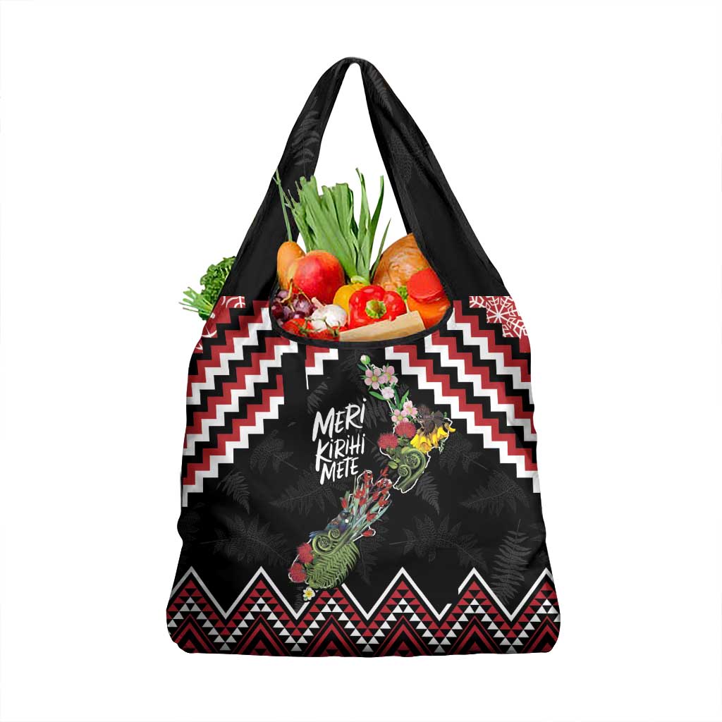 New Zealand Christmas Taniko Poutama Grocery Bag Flora Map with Birds LT7 1-pack One Size Red - Polynesian Pride