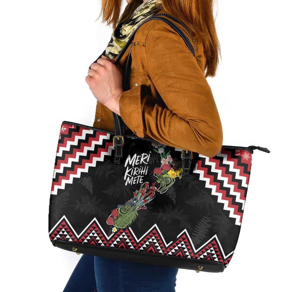 New Zealand Christmas Taniko Poutama Leather Tote Bag Flora Map with Birds LT7 Red - Polynesian Pride