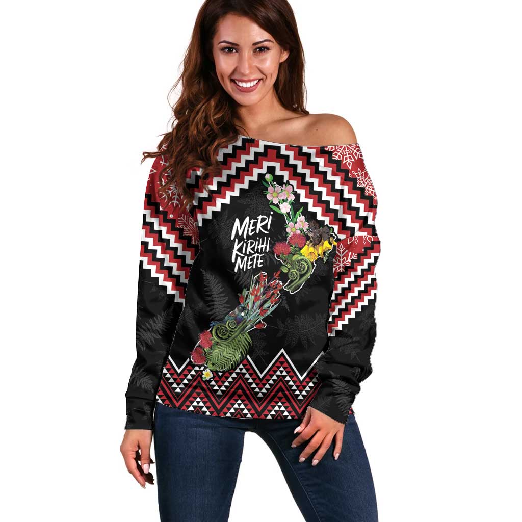 New Zealand Christmas Taniko Poutama Off Shoulder Sweater Flora Map with Birds LT7 Women Red - Polynesian Pride