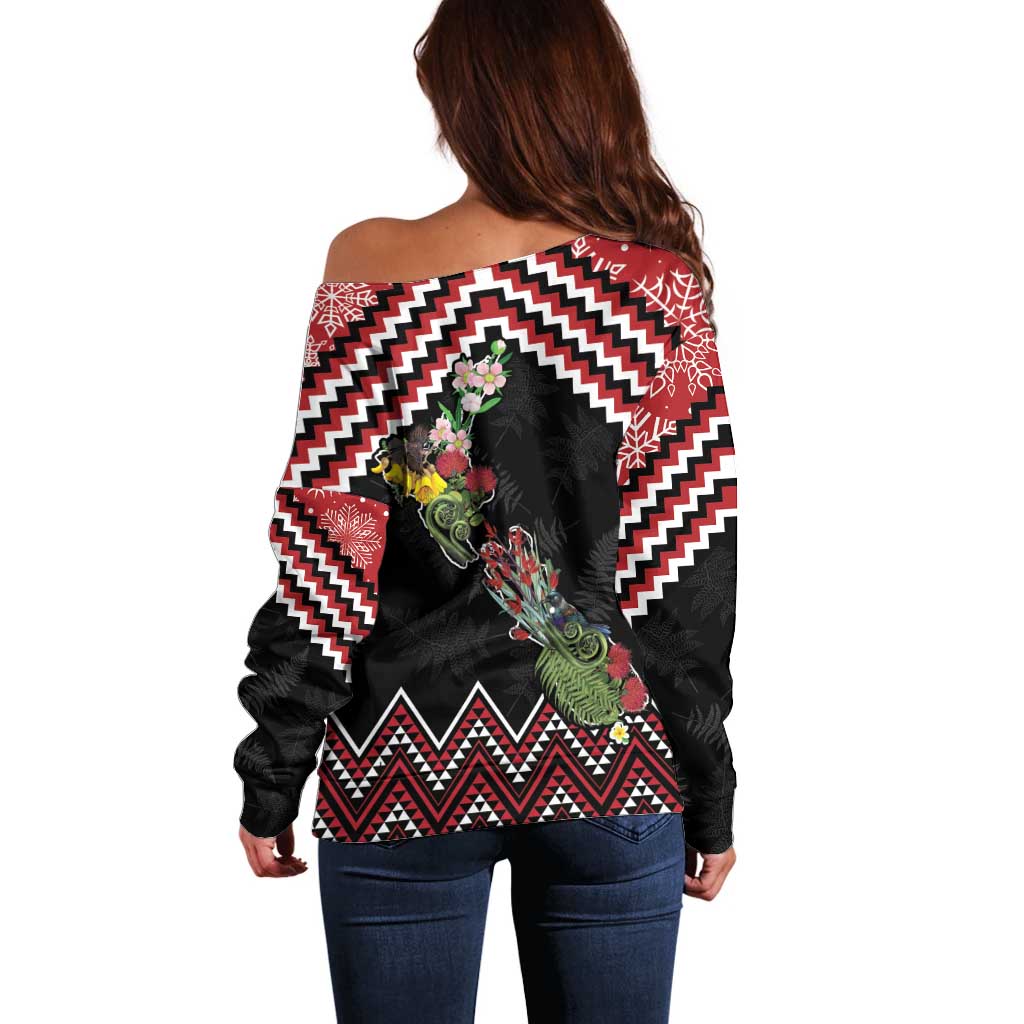 New Zealand Christmas Taniko Poutama Off Shoulder Sweater Flora Map with Birds LT7 - Polynesian Pride