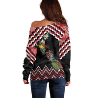 New Zealand Christmas Taniko Poutama Off Shoulder Sweater Flora Map with Birds LT7 - Polynesian Pride