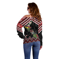 New Zealand Christmas Taniko Poutama Off Shoulder Sweater Flora Map with Birds LT7 - Polynesian Pride