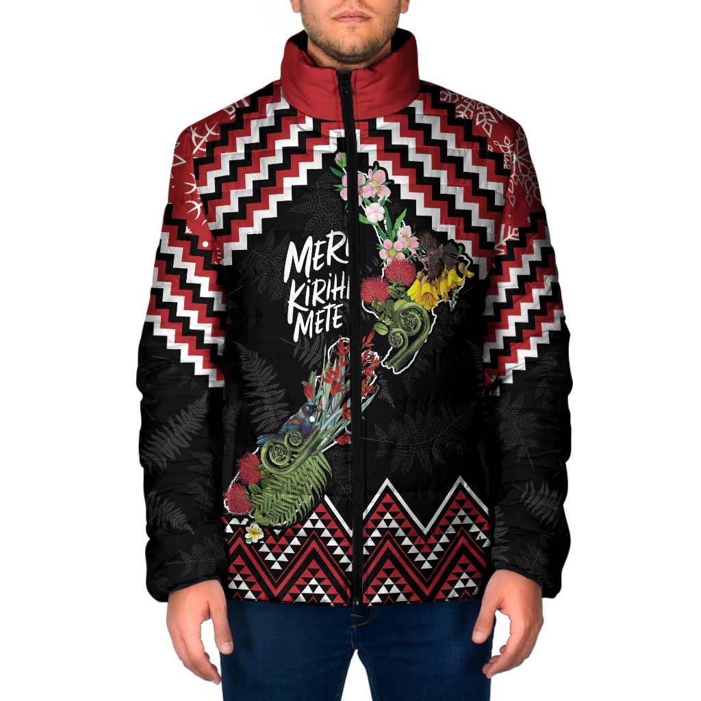 New Zealand Christmas Taniko Poutama Padded Jacket Flora Map with Birds LT7 Men Red - Polynesian Pride