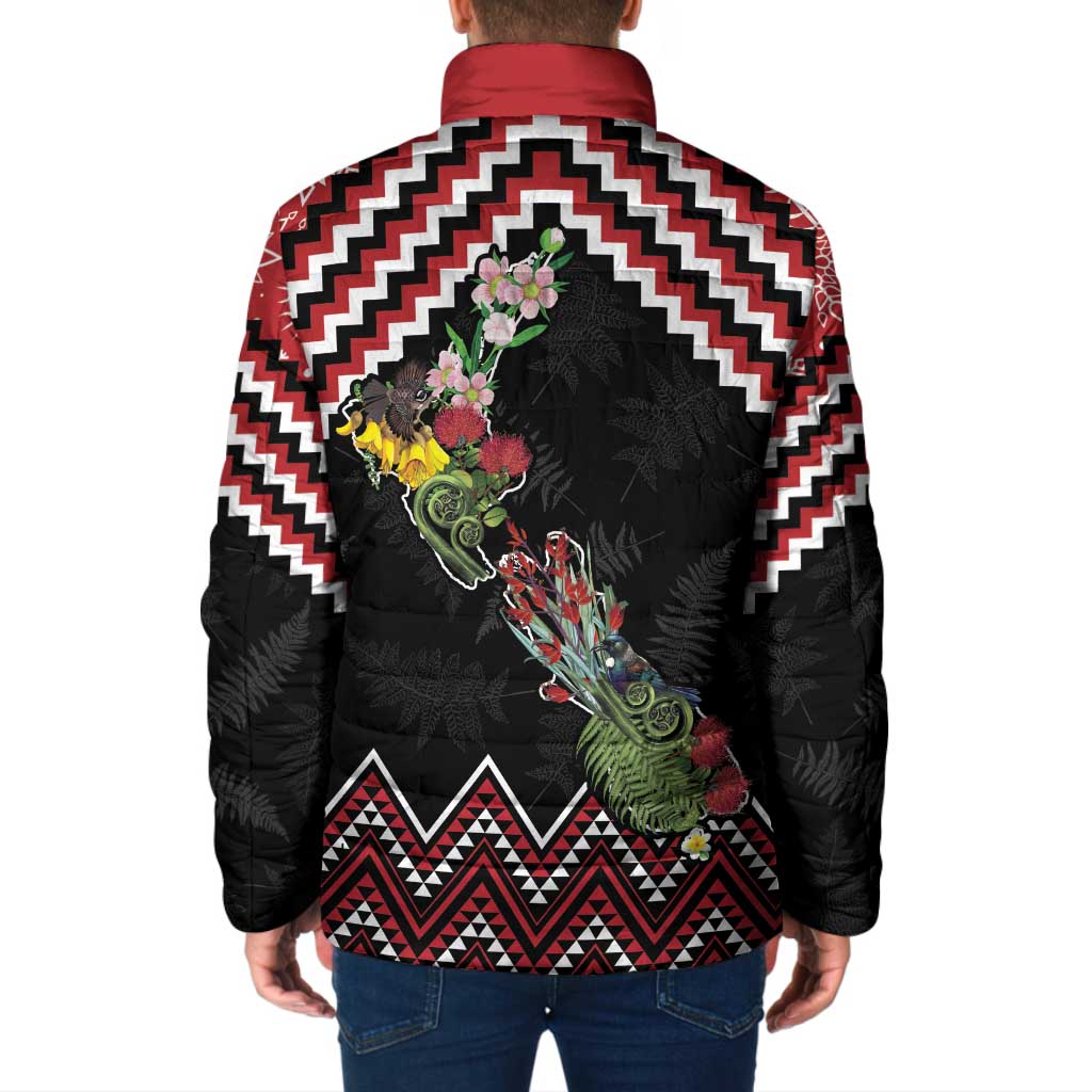 New Zealand Christmas Taniko Poutama Padded Jacket Flora Map with Birds LT7 - Polynesian Pride