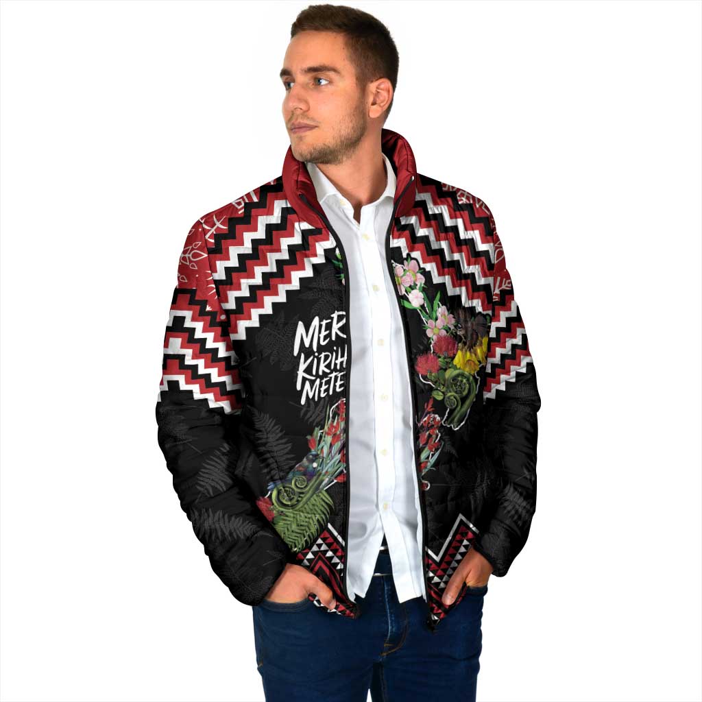 New Zealand Christmas Taniko Poutama Padded Jacket Flora Map with Birds LT7 - Polynesian Pride