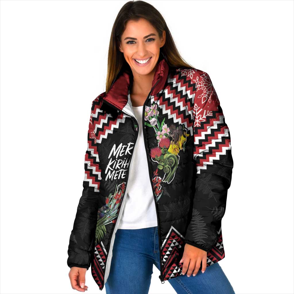 New Zealand Christmas Taniko Poutama Padded Jacket Flora Map with Birds LT7 Women Red - Polynesian Pride