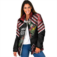 New Zealand Christmas Taniko Poutama Padded Jacket Flora Map with Birds LT7 Women Red - Polynesian Pride