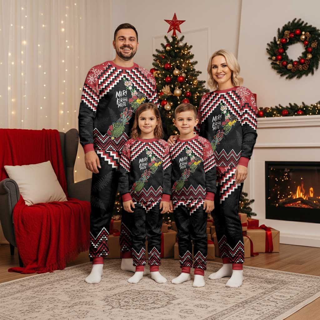 New Zealand Christmas Taniko Poutama Christmas Pajama Set Flora Map with Birds LT7 Red - Polynesian Pride