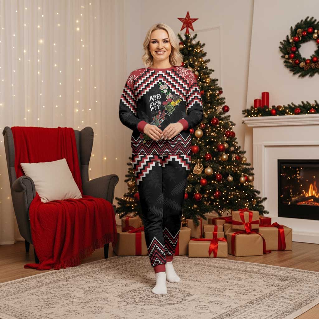New Zealand Christmas Taniko Poutama Christmas Pajama Set Flora Map with Birds LT7 - Polynesian Pride