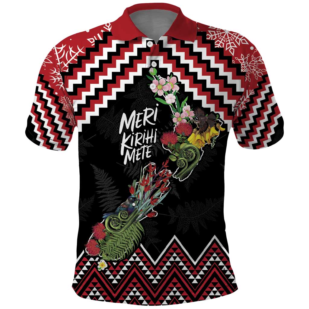 New Zealand Christmas Taniko Poutama Polo Shirt Flora Map with Birds LT7 Red - Polynesian Pride
