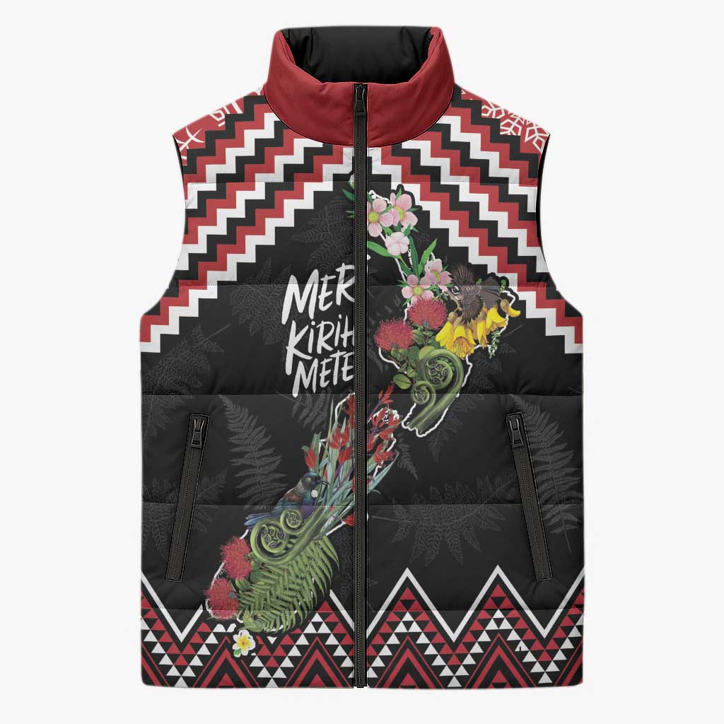 New Zealand Christmas Taniko Poutama Sleeveless Puffer Jacket Flora Map with Birds LT7 Unisex Red - Polynesian Pride