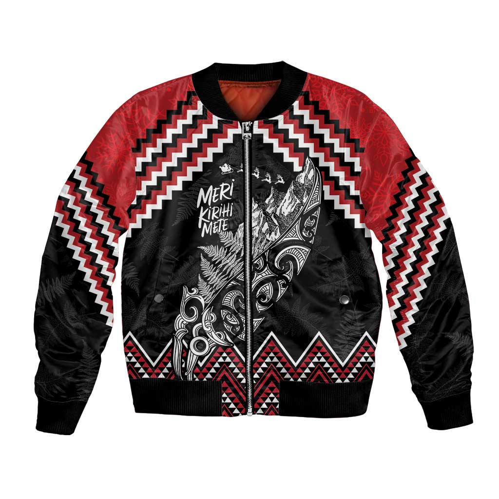 New Zealand Christmas Taniko Poutama Bomber Jacket Mountainscape Maori Fern LT7 Unisex Black - Polynesian Pride
