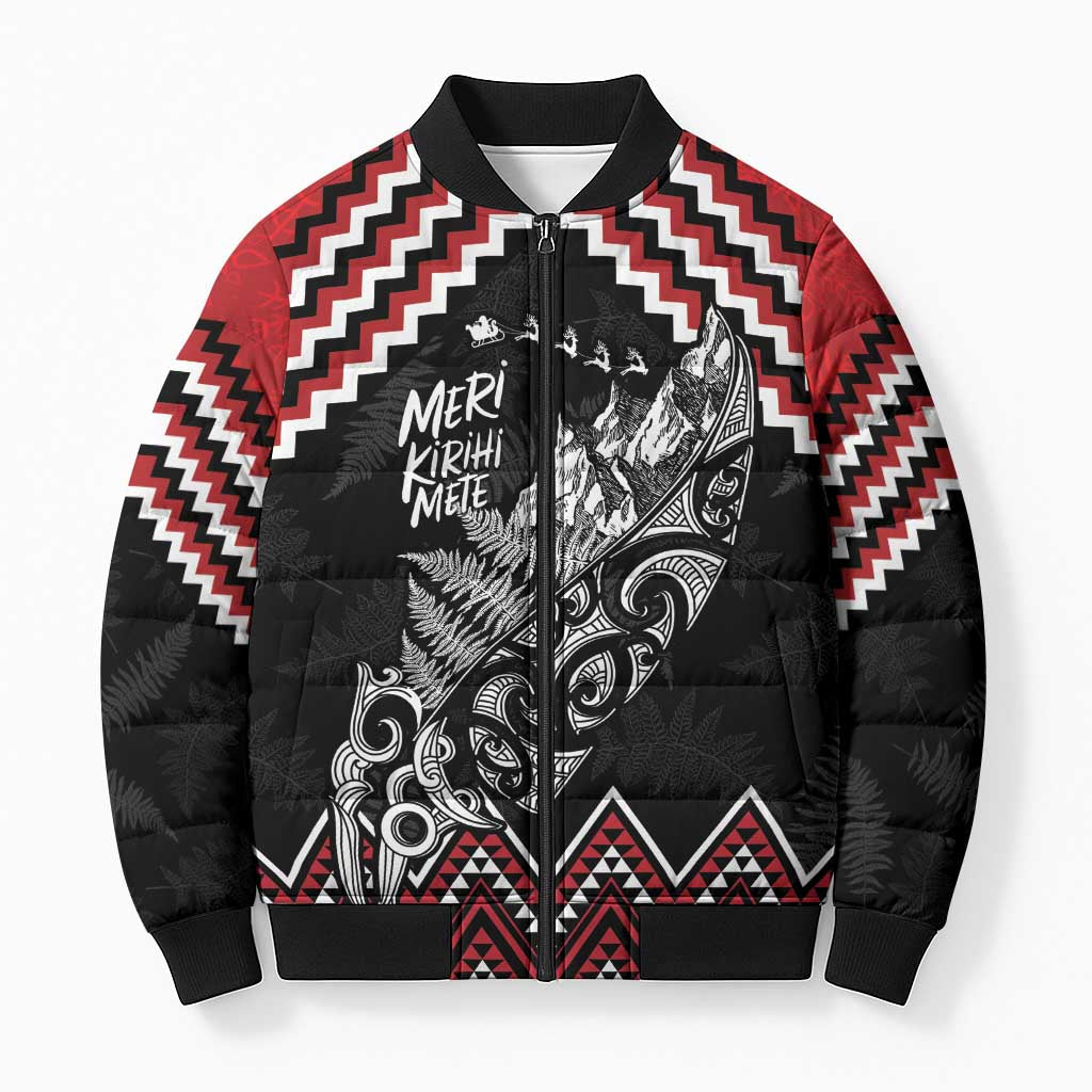 New Zealand Christmas Taniko Poutama Bomber Puffer Jacket Mountainscape Maori Fern LT7 Unisex Black - Polynesian Pride