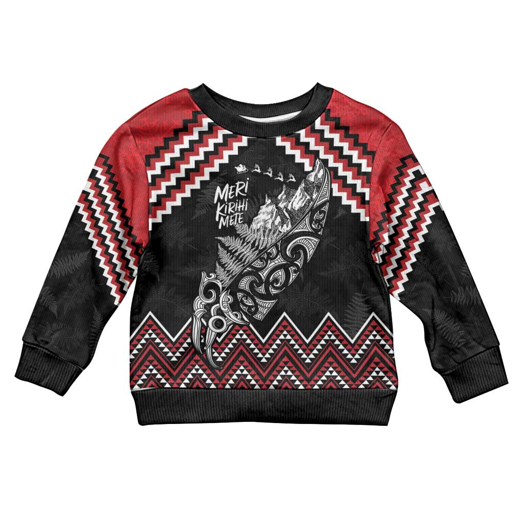 New Zealand Christmas Taniko Poutama Kid Ugly Christmas Sweater Mountainscape Maori Fern LT7 Kid Black - Polynesian Pride