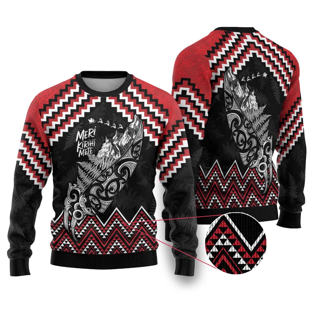 New Zealand Christmas Taniko Poutama Ugly Christmas Sweater Mountainscape Maori Fern LT7 Black - Polynesian Pride