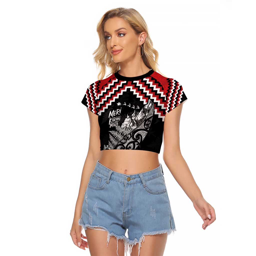 New Zealand Christmas Taniko Poutama Raglan Cropped T Shirt Mountainscape Maori Fern LT7 Female Black - Polynesian Pride