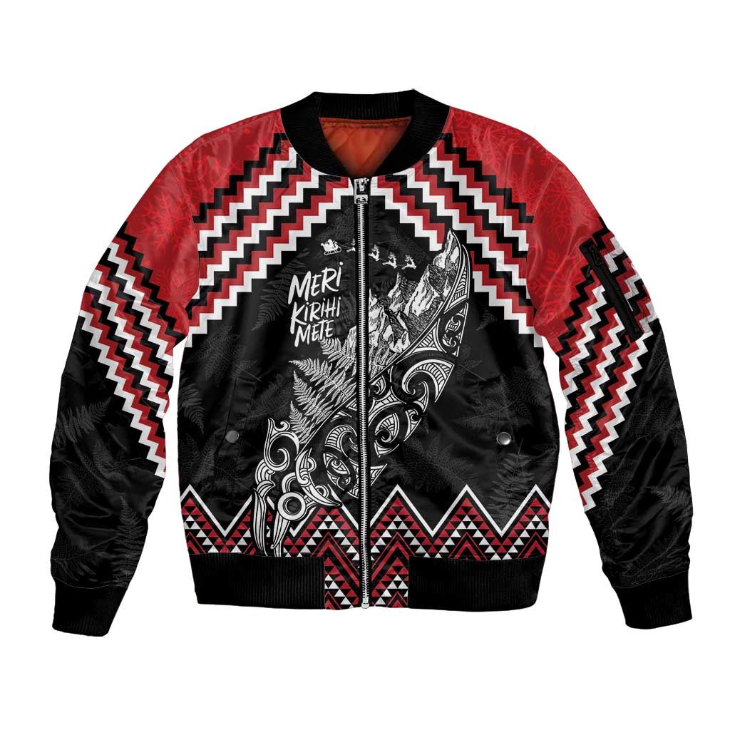 New Zealand Christmas Taniko Poutama Sleeve Zip Bomber Jacket Mountainscape Maori Fern LT7 Unisex Black - Polynesian Pride