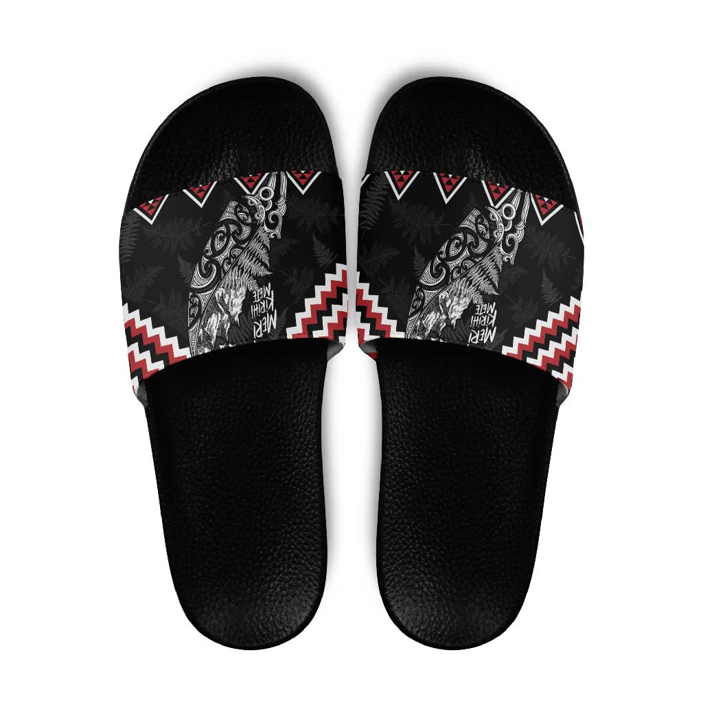 New Zealand Christmas Taniko Poutama Slide Sandals Mountainscape Maori Fern LT7 Black - Polynesian Pride