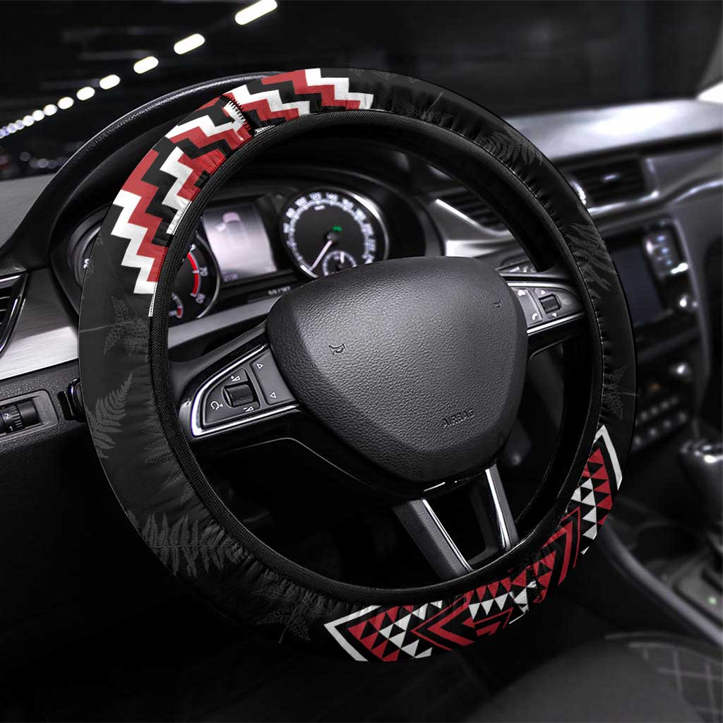 New Zealand Christmas Taniko Poutama Steering Wheel Cover Mountainscape Maori Fern LT7 Universal Fit Black - Polynesian Pride