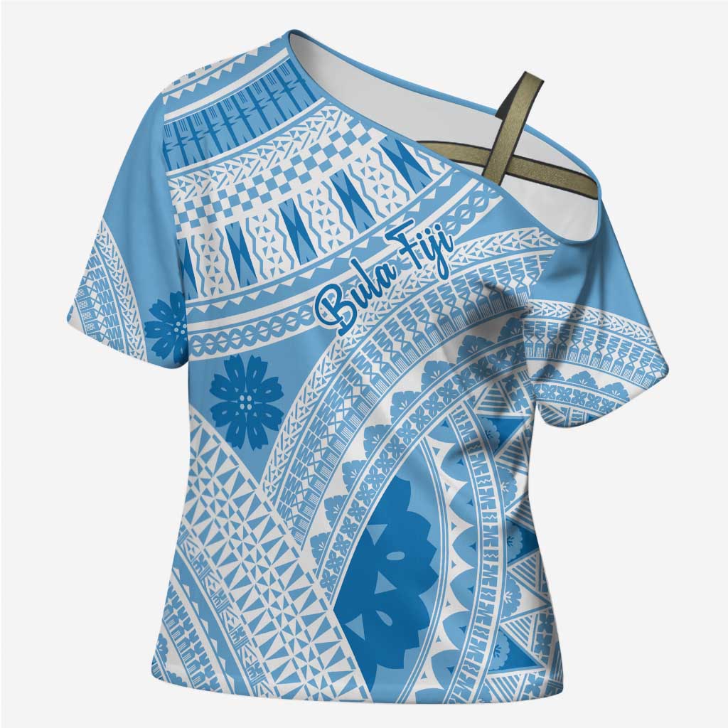 Bula Fiji Classic Masi Tapa Cross Shoulder Shirt Turquoise LT7 Female Turquoise - Polynesian Pride