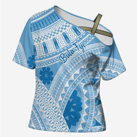 Bula Fiji Classic Masi Tapa Cross Shoulder Shirt Turquoise LT7 Female Turquoise - Polynesian Pride