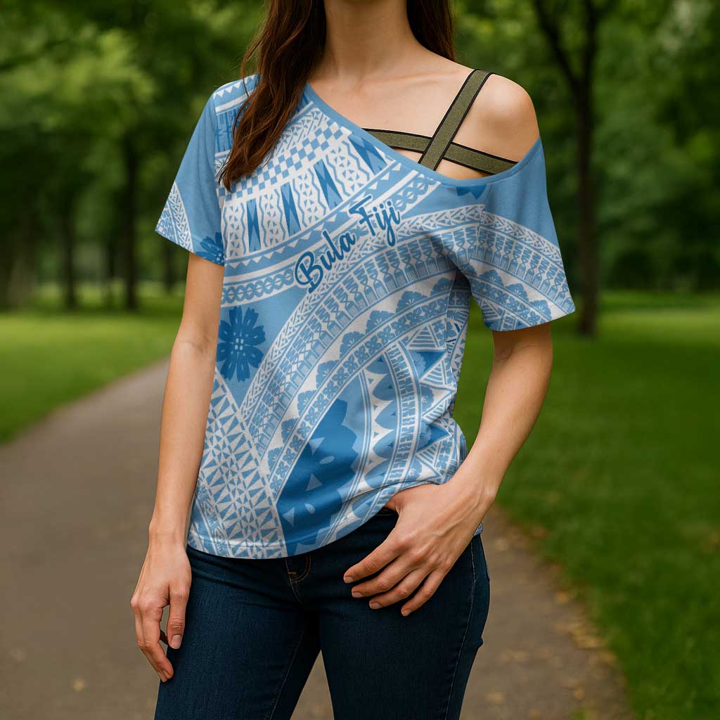 Bula Fiji Classic Masi Tapa Cross Shoulder Shirt Turquoise LT7 - Polynesian Pride