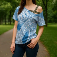 Bula Fiji Classic Masi Tapa Cross Shoulder Shirt Turquoise LT7 - Polynesian Pride
