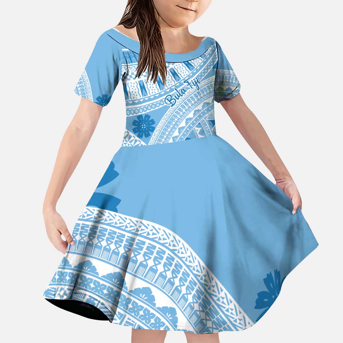 Bula Fiji Classic Masi Tapa Kid Short Sleeve Dress Turquoise LT7 KID Turquoise - Polynesian Pride