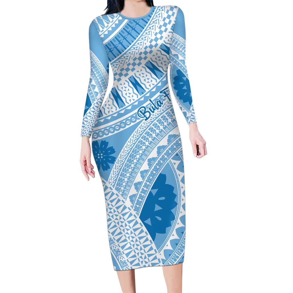 Bula Fiji Classic Masi Tapa Long Sleeve Bodycon Dress Turquoise LT7 Long Dress Turquoise - Polynesian Pride