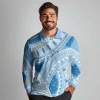 Bula Fiji Classic Masi Tapa Long Sleeve Polo Shirt Turquoise LT7 - Polynesian Pride