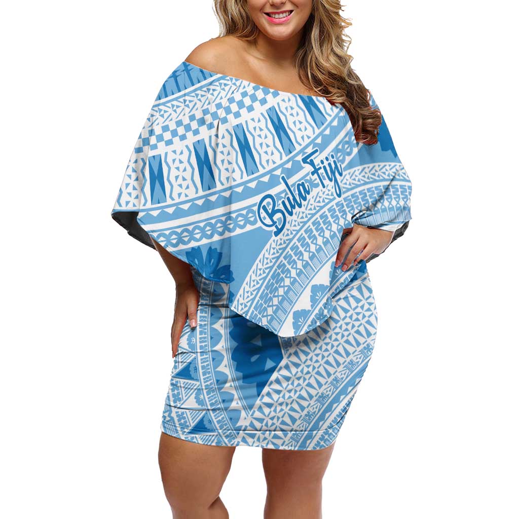 Bula Fiji Classic Masi Tapa Off Shoulder Short Dress Turquoise LT7 Women Turquoise - Polynesian Pride