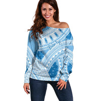 Bula Fiji Classic Masi Tapa Off Shoulder Sweater Turquoise LT7 Women Turquoise - Polynesian Pride